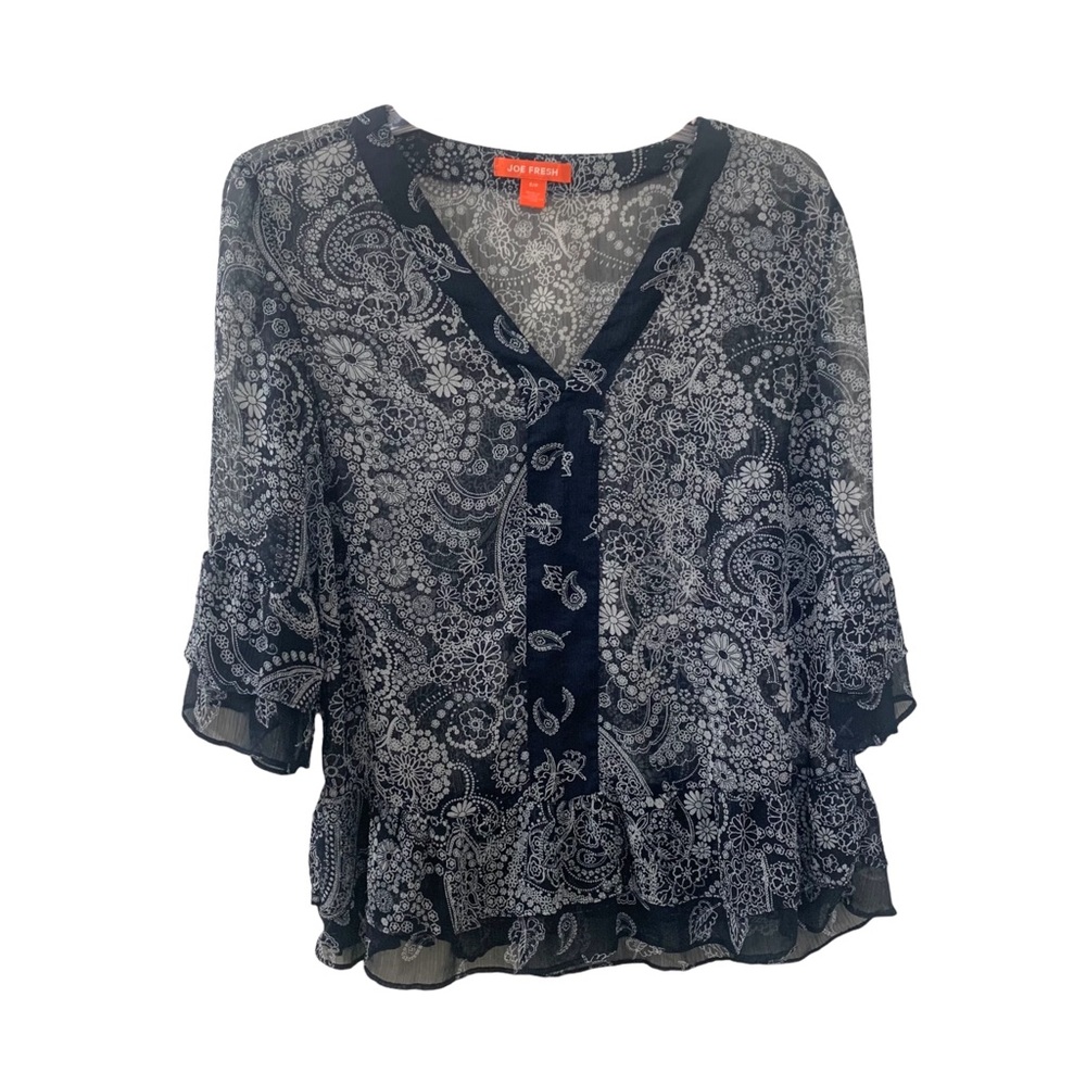 Joe Fresh Sheer Blue Floral Print Blouse 3/4 Sleeve Peplum Hem Women’s Small